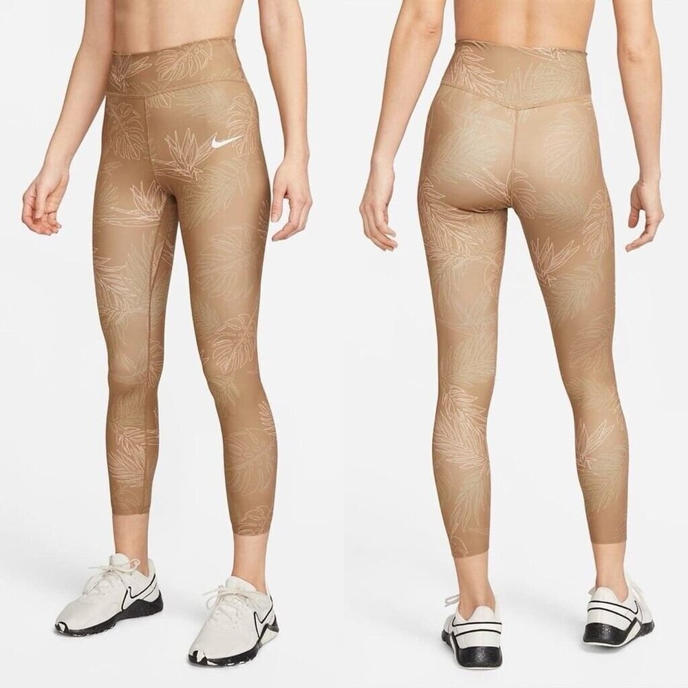 Nike Tan Leaf-Print High-Waist Leggings